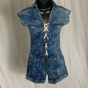 Denim Lace Up Sleeveless Romper Jumpsuit